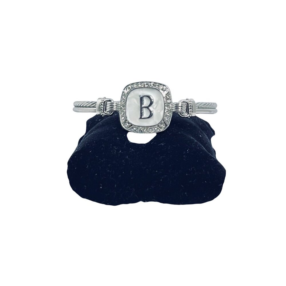 Silver Tone White Enamel & Rhinestone Initial B Bracelet W/ Magnetic Clasp